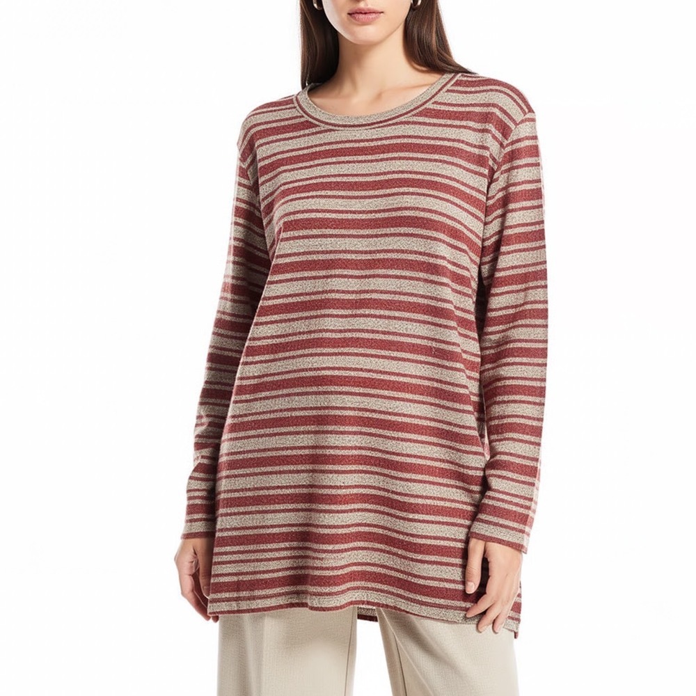 Azules Tunic Top Womens L Burgundy Gray Striped Stretch Long Sleeve Ribbed Knit
